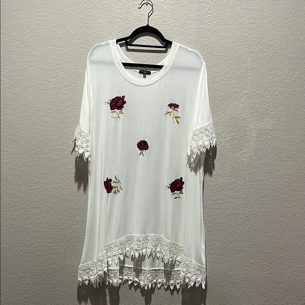 Hannah Women’s Shirt Dress Floral Embroidered  Crochet Plus Sz 2X Knee Length